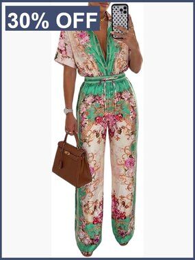 Boho Jumpsuit Floral Short Sleeve Wide Leg Romper with Pockets One Piece Outfit